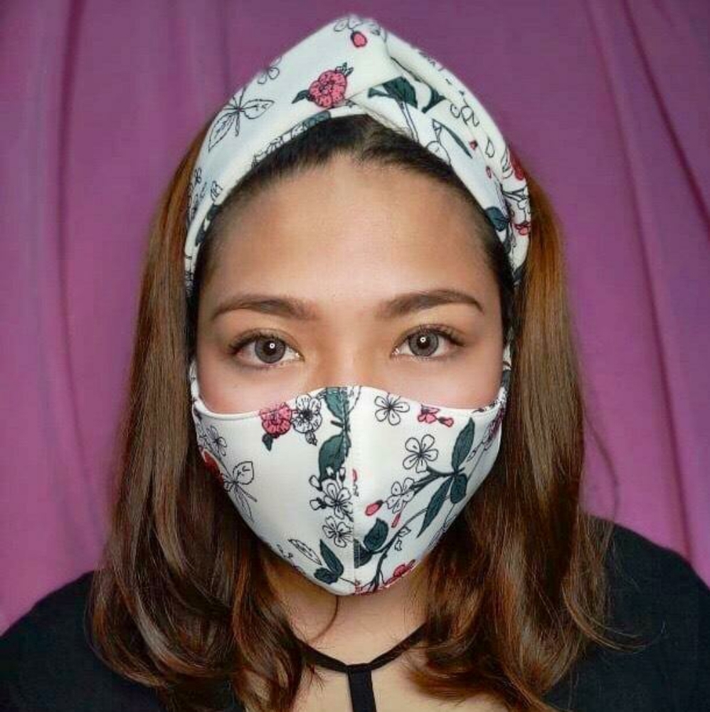 BOGO FREE Twist Knot Turban Headband Face Mask Reusable Set White floral